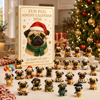 Mops Adventskalender 2026 mit 24 Mini-Mops-Figuren