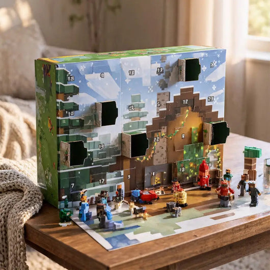 Geöffneter Minecraft Adventskalender mit nummerierten Türchen