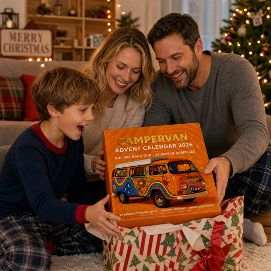 Familie öffnet den Campervan Adventskalender