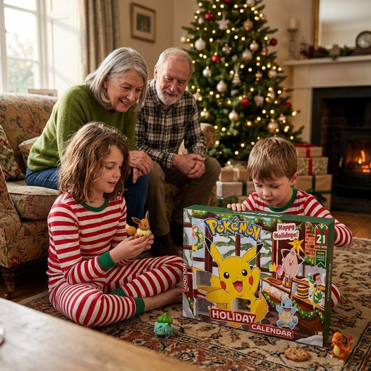Familie mit dem Pokémon Adventskalender am Weihnachtsabend
