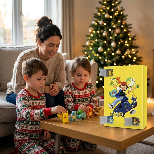Mutter und Kinder mit dem gelben Pokémon Adventskalender