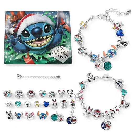 Stitch Adventskalender: lila Box mit Stitch in Weihnachtsmütze, 22 Charms und 2 Armbänder