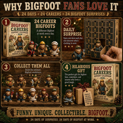 Bigfoot Adventskalender 2026 | 24 Bigfoot-Figuren bei der Arbeit