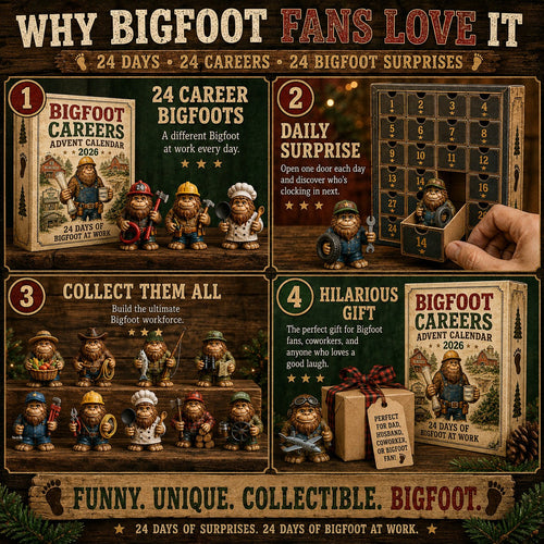 Bigfoot Adventskalender 2026 | 24 Bigfoot-Figuren bei der Arbeit