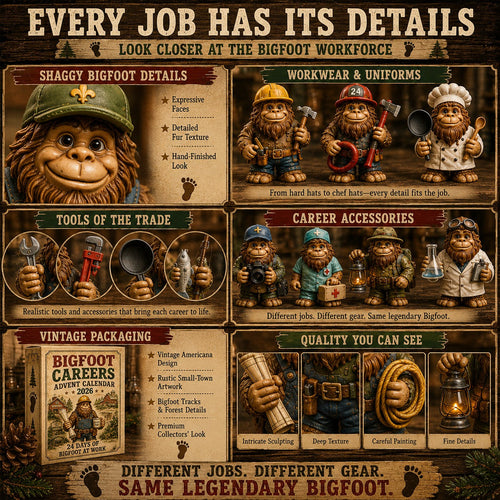 Bigfoot Adventskalender 2026 | 24 Bigfoot-Figuren bei der Arbeit