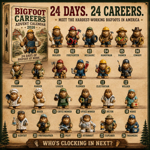 Bigfoot Adventskalender 2026 | 24 Bigfoot-Figuren bei der Arbeit