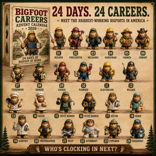 Bigfoot Adventskalender 2026 | 24 Bigfoot-Figuren bei der Arbeit