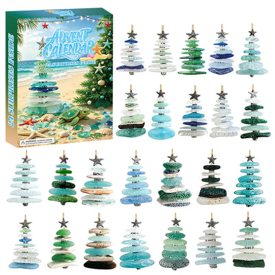 Seeglas Bäume Adventskalender 2026 | 24 kleine Weihnachtsbäume aus Seeglas