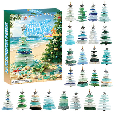 Seeglas Bäume Adventskalender 2026 | 24 kleine Weihnachtsbäume aus Seeglas